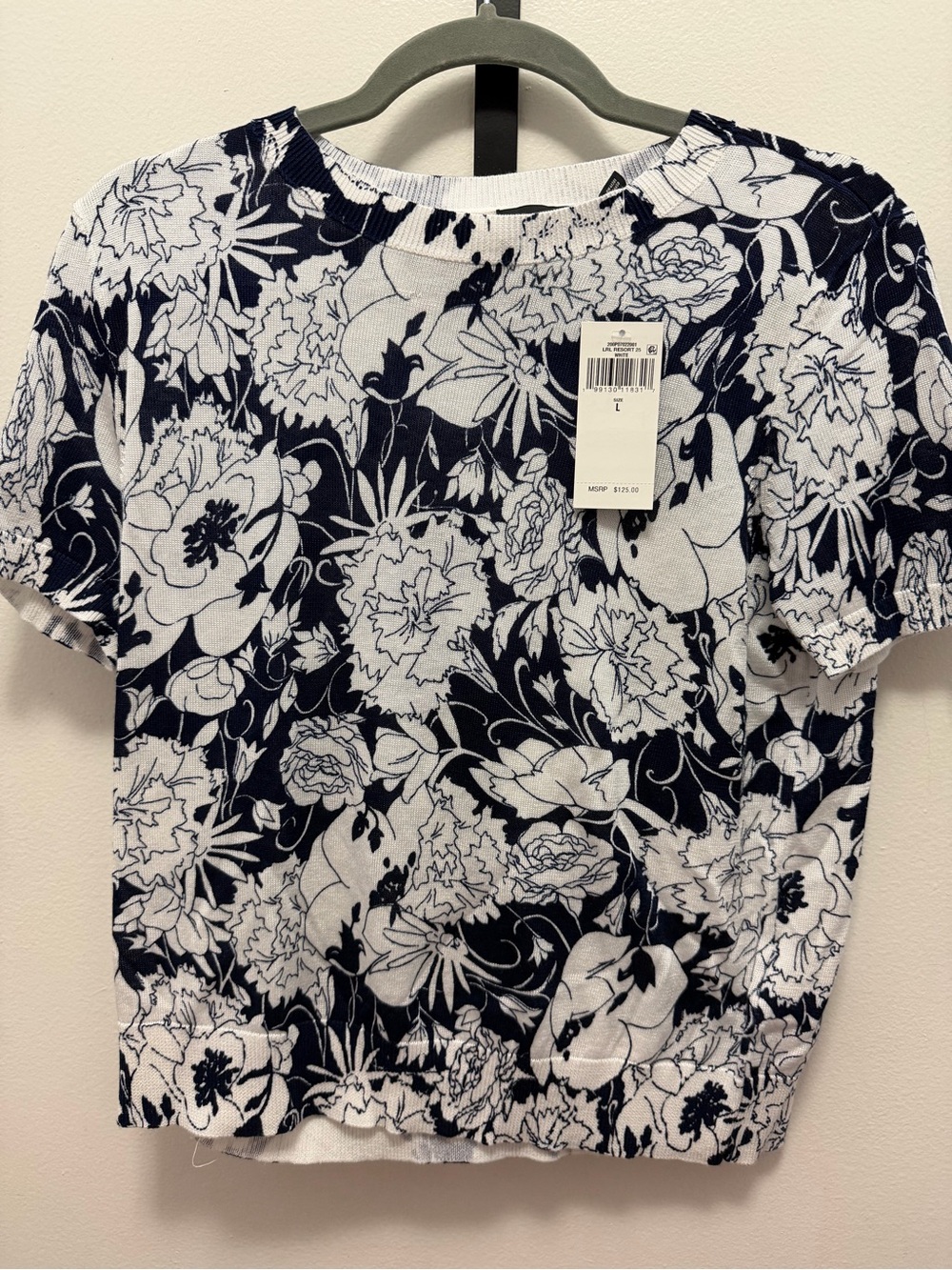Lauren Ralph Lauren Floral Print Short Sleeve Knit Top - Navy & White size Large